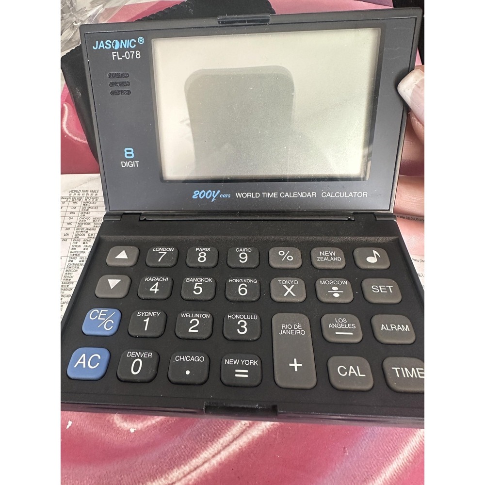 VTG Jasonic FL-078 World Time Calendar Calculator Pocket 8 Digit Black with Case